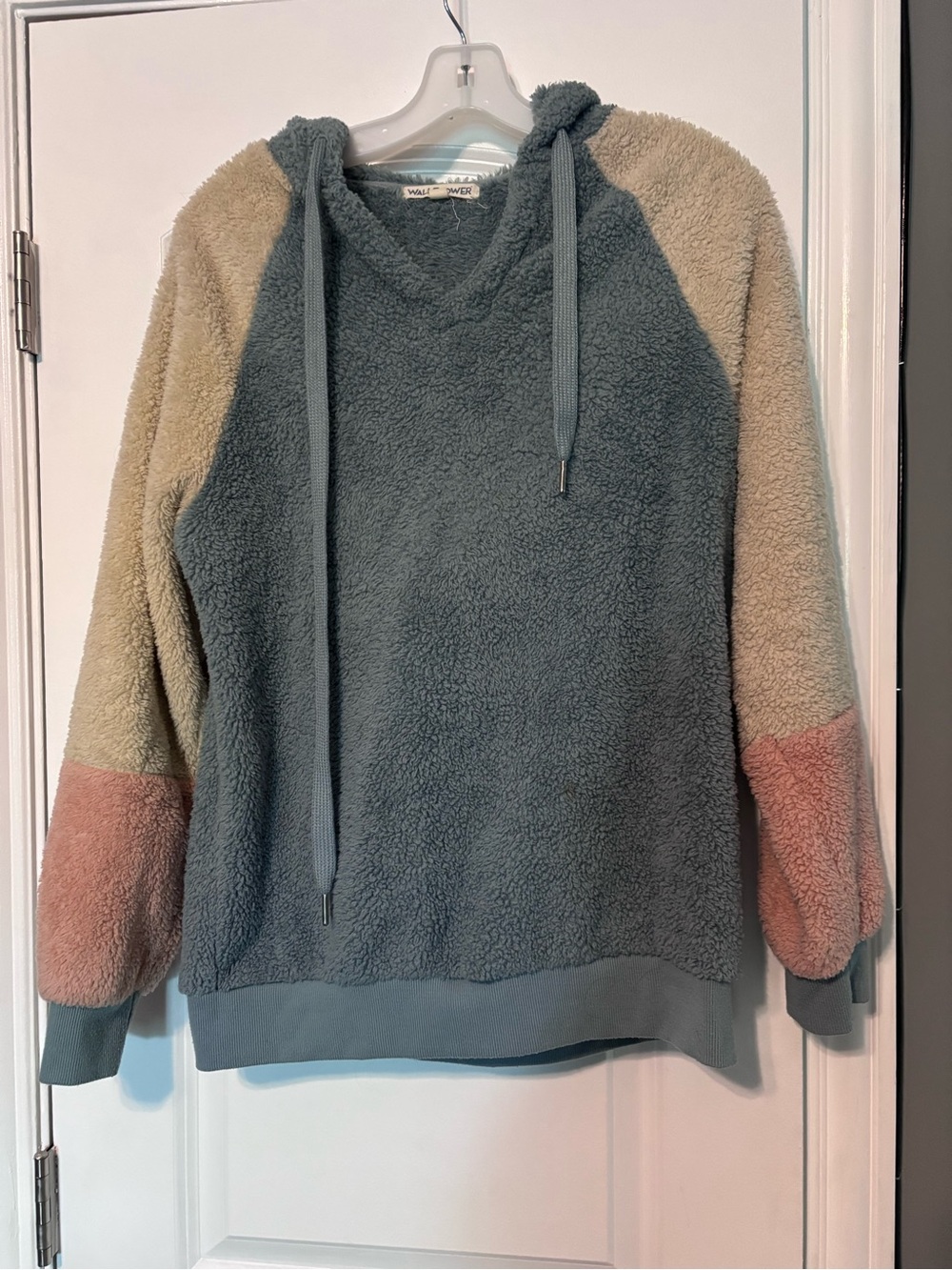 WallFlower Sherpa Hoodie Medium Colorblock Pink Cream Blue Cozy Pullover